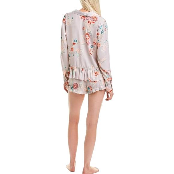 Josie Natori Lotus Bouquet Floral Pajama Set Medium Long Sleeve Shorts Ruffle - Picture 2 of 10
